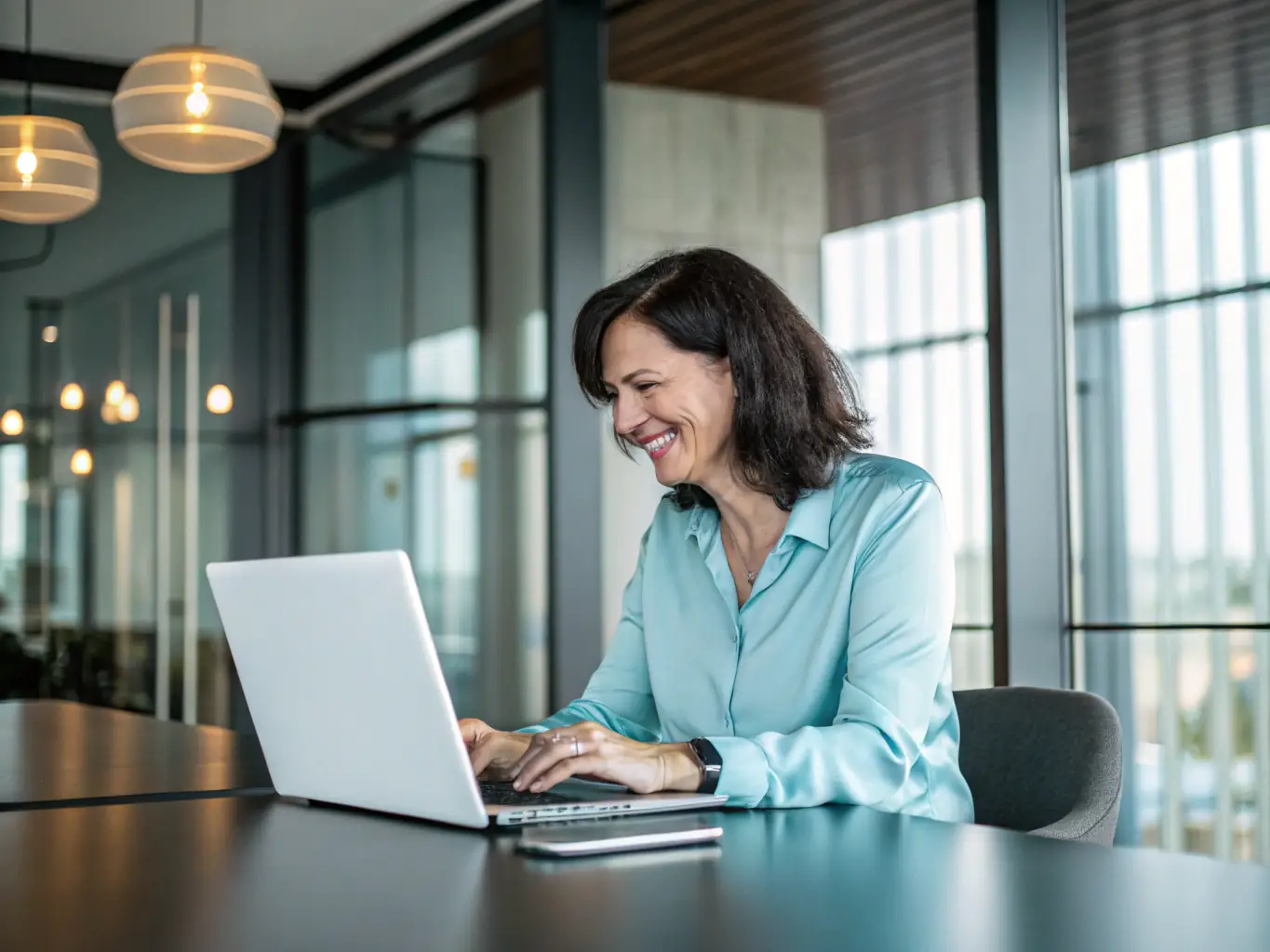 A portrait of Sarah Lee, an experienced venture capitalist, looking thoughtful and professional. She is in a modern office setting with a city view.