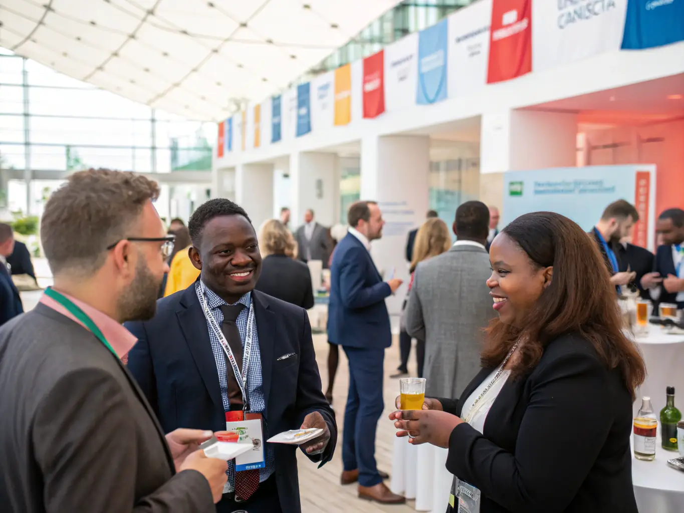 A networking event scene with attendees engaging in conversations, exchanging business cards, and building connections.