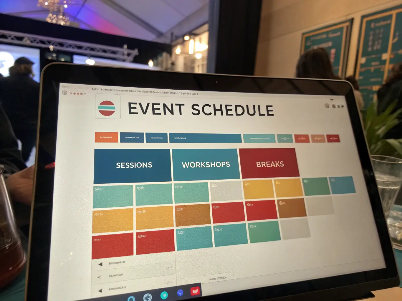 A detailed calendar view showcasing the conference schedule, highlighting key events and workshops with clear time slots and location markers.